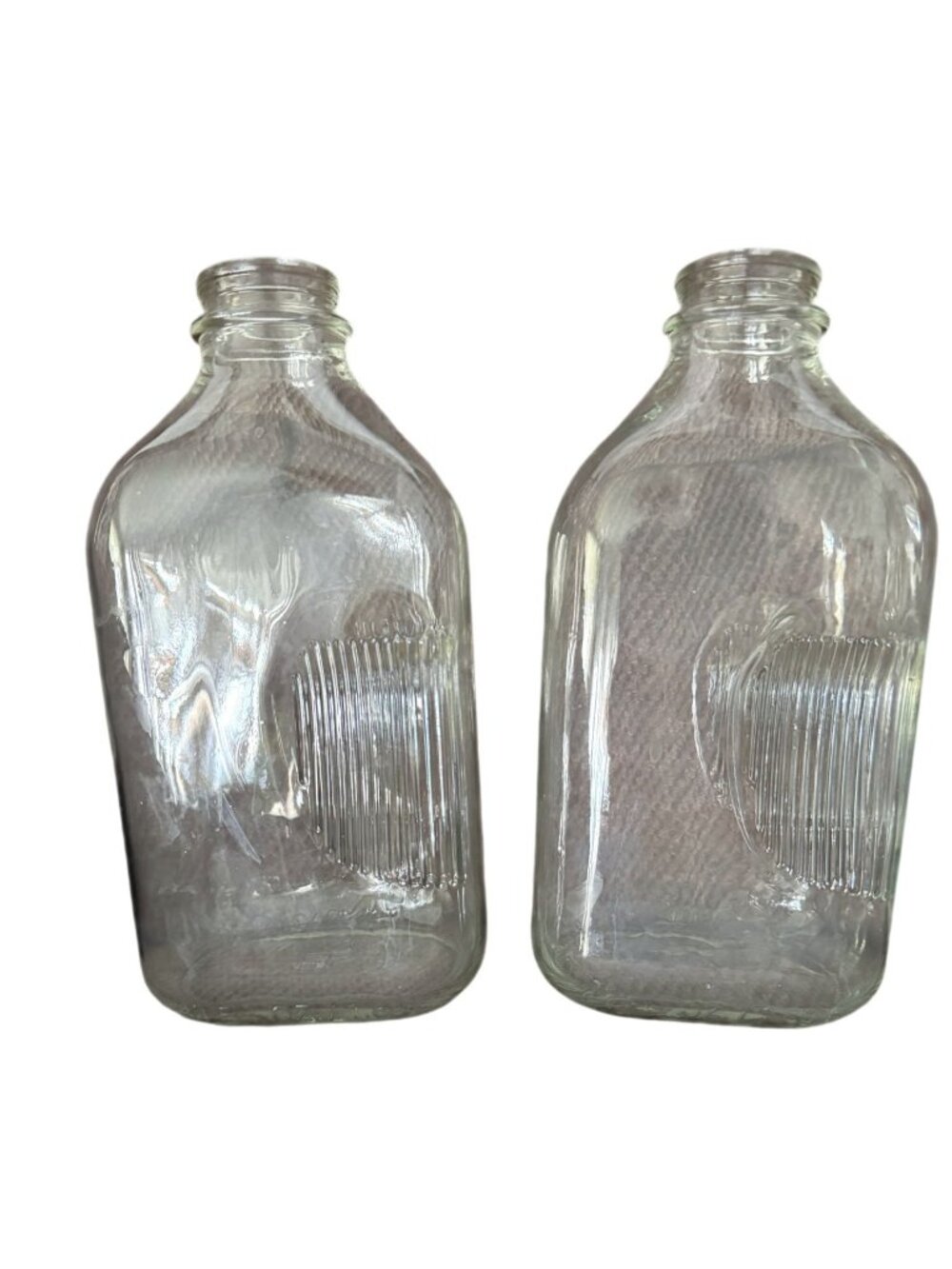 Clear Glass Milk Jug Bottles 64 Oz Ribbed Design Set Of 2 Vintage